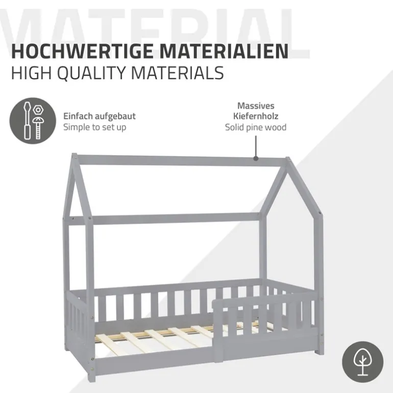 Kinderbett Hausbett 70x140 cm Hellgrau aus Kiefernholz inkl. Matratze H-10cm Rausfallschutz Dach und Lattenrost ML-Design