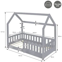 Kinderbett Hausbett 70x140 cm Hellgrau aus Kiefernholz inkl. Matratze H-10cm Rausfallschutz Dach und Lattenrost ML-Design