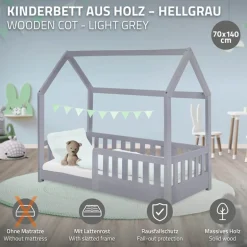 Kinderbett Hausbett 70x140 cm Hellgrau aus Kiefernholz mit Rausfallschutz Dach und Lattenrost Holzbett ML-Design