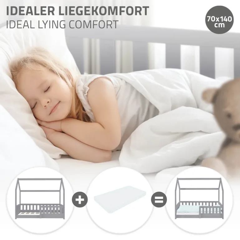 Kinderbett Hausbett 70x140 cm Hellgrau aus Kiefernholz mit Rausfallschutz Dach und Lattenrost Holzbett ML-Design