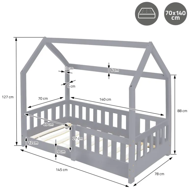 Kinderbett Hausbett 70x140 cm Hellgrau aus Kiefernholz mit Rausfallschutz Dach und Lattenrost Holzbett ML-Design