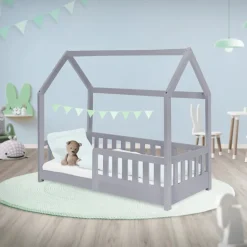 Kinderbett Hausbett 70x140 cm Hellgrau aus Kiefernholz mit Rausfallschutz Dach und Lattenrost Holzbett ML-Design