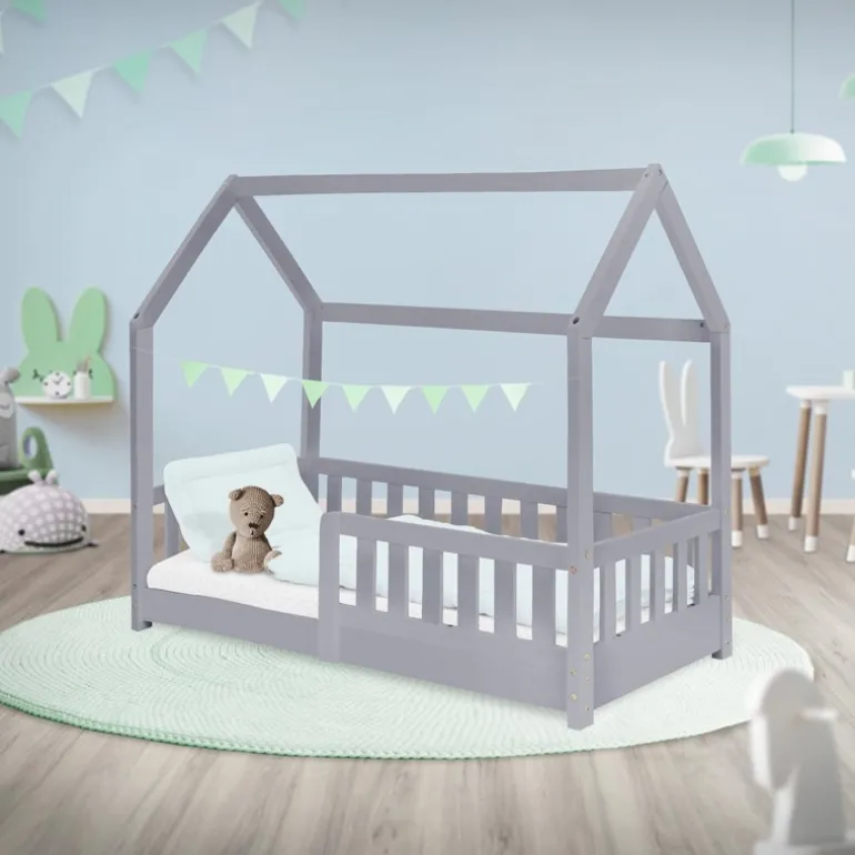 Kinderbett Hausbett 70x140 cm Hellgrau aus Kiefernholz mit Rausfallschutz Dach und Lattenrost Holzbett ML-Design