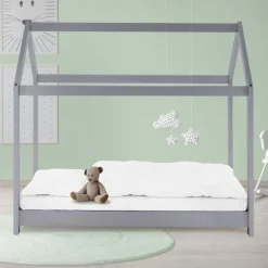 Kinderbett Hausbett 80x160 cm Hellgrau aus Kiefernholz Holzbett mit Dach und Lattenrost ML-Design