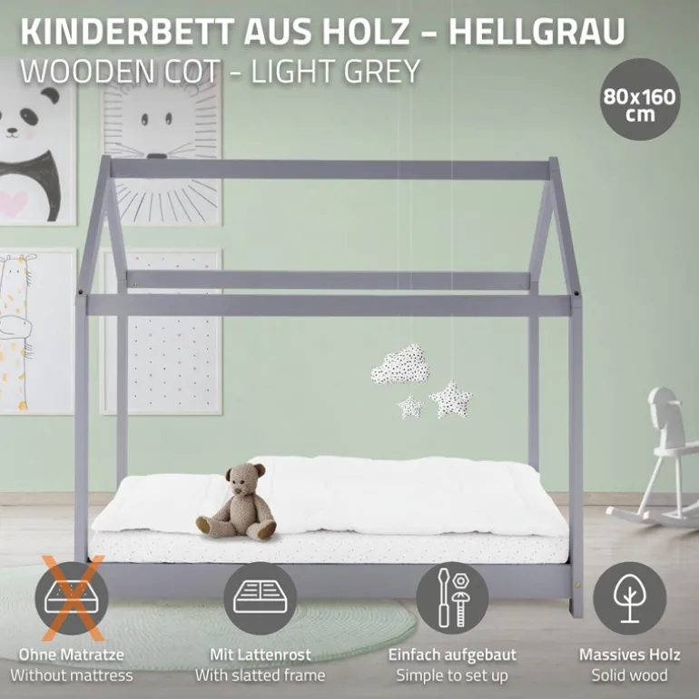 Kinderbett Hausbett 80x160 cm Hellgrau aus Kiefernholz Holzbett mit Dach und Lattenrost ML-Design