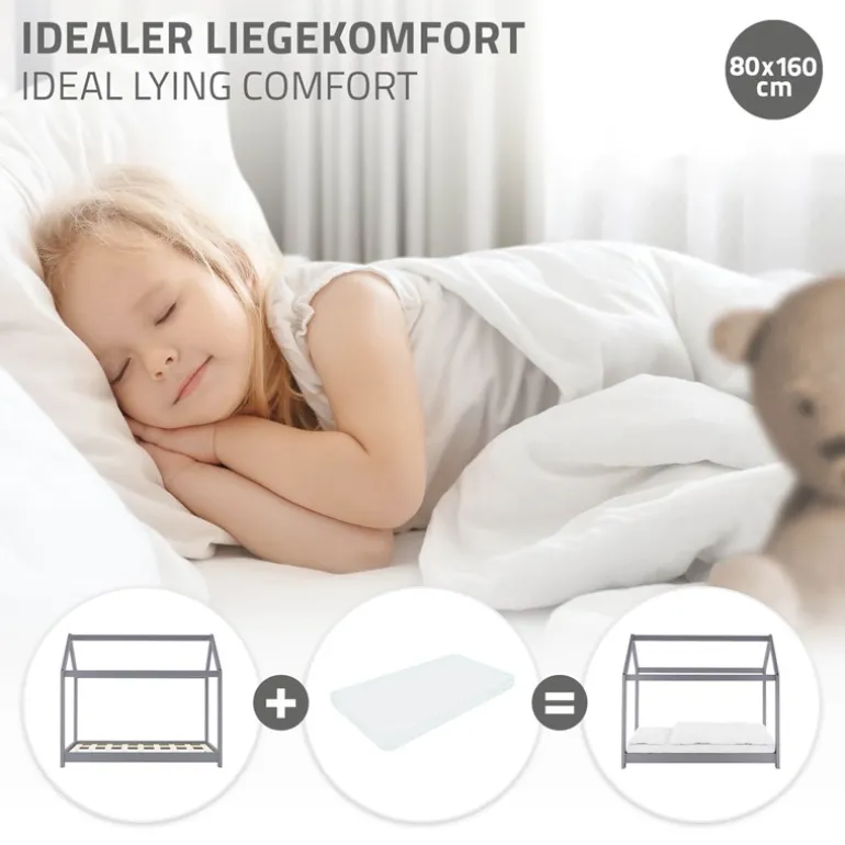 Kinderbett Hausbett 80x160 cm Hellgrau aus Kiefernholz Holzbett mit Dach und Lattenrost ML-Design
