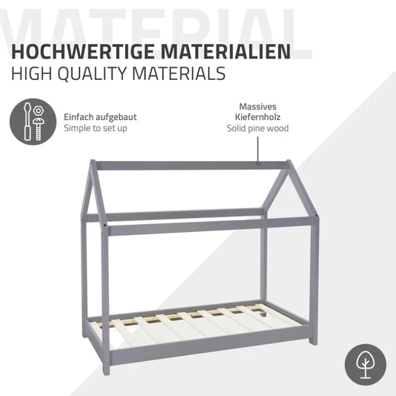 Kinderbett Hausbett 80x160 cm Hellgrau aus Kiefernholz Holzbett mit Dach und Lattenrost ML-Design