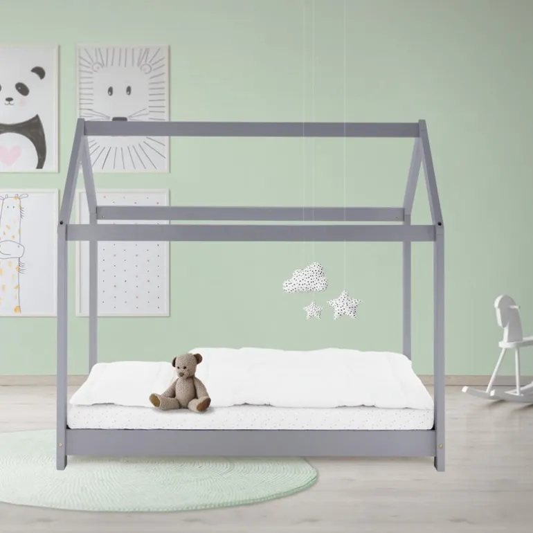 Kinderbett Hausbett 80x160 cm Hellgrau aus Kiefernholz Holzbett mit Dach und Lattenrost ML-Design