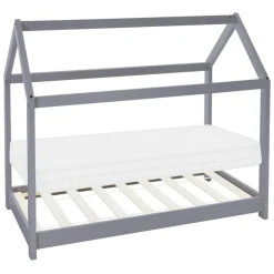 Kinderbett Hausbett 80x160 cm Hellgrau aus Kiefernholz inkl. Matratze H-10cm Holzbett mit Dach und Lattenrost ML-Design