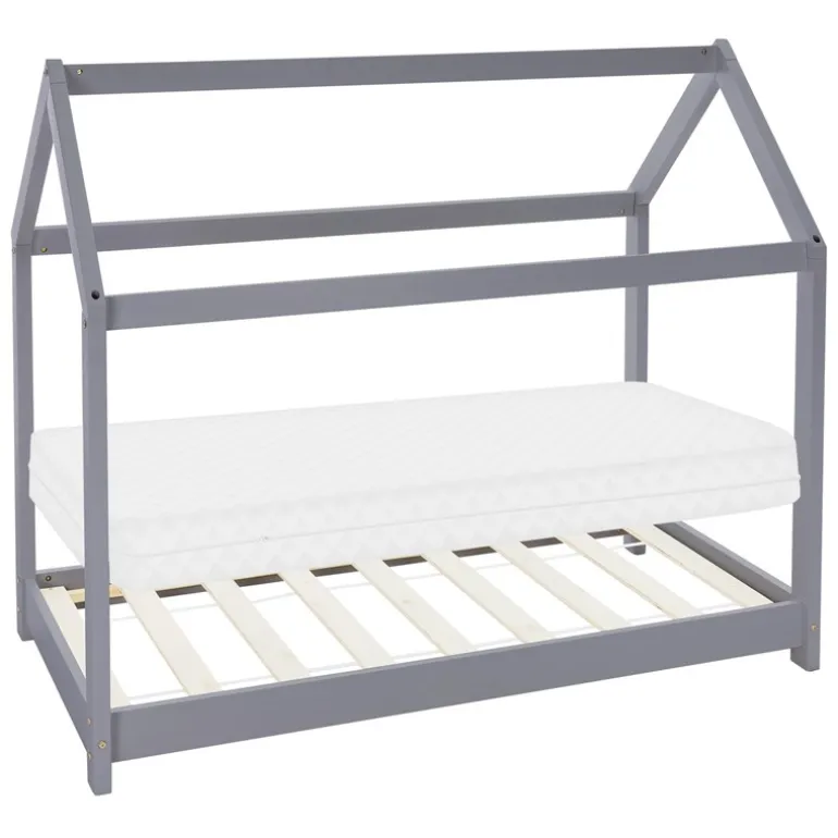 Kinderbett Hausbett 80x160 cm Hellgrau aus Kiefernholz inkl. Matratze H-10cm Holzbett mit Dach und Lattenrost ML-Design