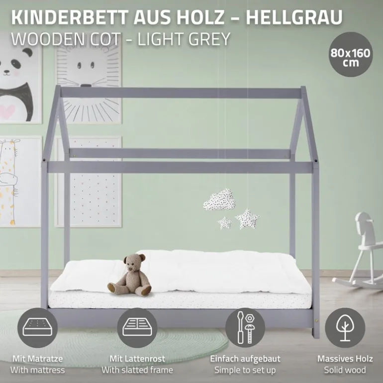 Kinderbett Hausbett 80x160 cm Hellgrau aus Kiefernholz inkl. Matratze H-10cm Holzbett mit Dach und Lattenrost ML-Design