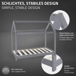 Kinderbett Hausbett 80x160 cm Hellgrau aus Kiefernholz inkl. Matratze H-10cm Holzbett mit Dach und Lattenrost ML-Design