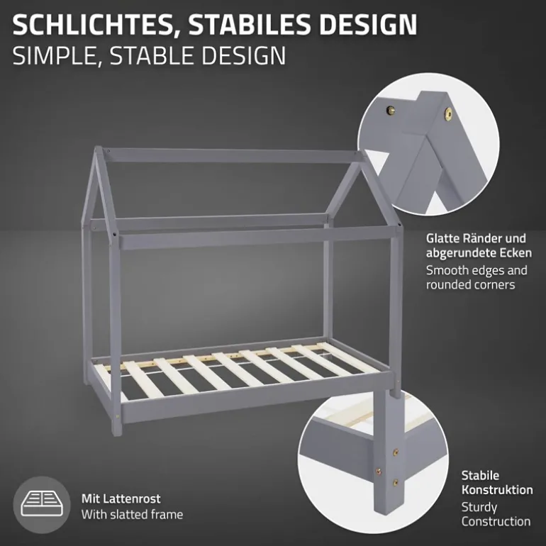 Kinderbett Hausbett 80x160 cm Hellgrau aus Kiefernholz inkl. Matratze H-10cm Holzbett mit Dach und Lattenrost ML-Design