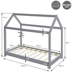Kinderbett Hausbett 80x160 cm Hellgrau aus Kiefernholz inkl. Matratze H-10cm Holzbett mit Dach und Lattenrost ML-Design