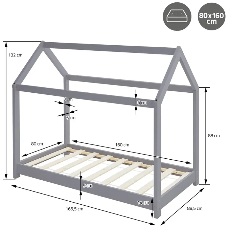 Kinderbett Hausbett 80x160 cm Hellgrau aus Kiefernholz inkl. Matratze H-10cm Holzbett mit Dach und Lattenrost ML-Design