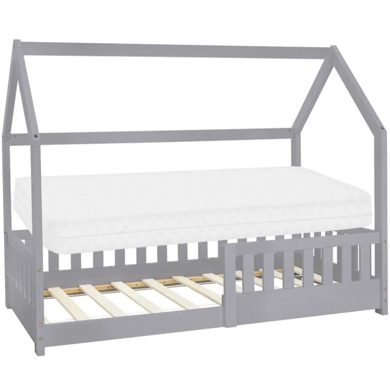 Kinderbett Hausbett 80x160 cm Hellgrau aus Kiefernholz inkl. Matratze H-10cm Rausfallschutz Dach und Lattenrost ML-Design