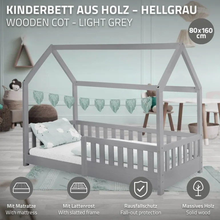 Kinderbett Hausbett 80x160 cm Hellgrau aus Kiefernholz inkl. Matratze H-10cm Rausfallschutz Dach und Lattenrost ML-Design