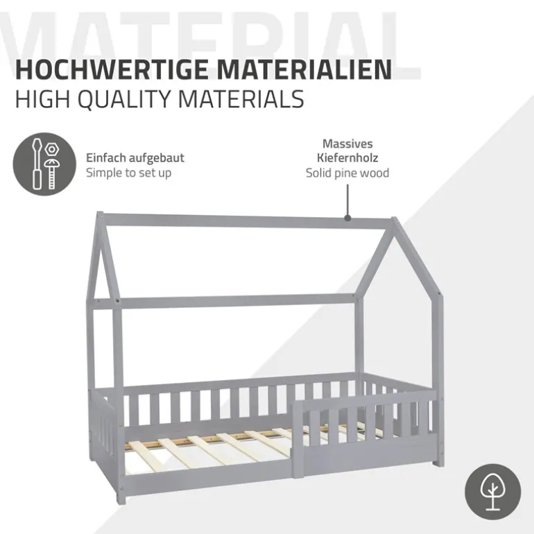 Kinderbett Hausbett 80x160 cm Hellgrau aus Kiefernholz inkl. Matratze H-10cm Rausfallschutz Dach und Lattenrost ML-Design