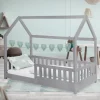 Kinderbett Hausbett 80x160 cm Hellgrau aus Kiefernholz mit Rausfallschutz Dach und Lattenrost Holzbett ML-Design