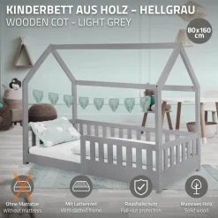 Kinderbett Hausbett 80x160 cm Hellgrau aus Kiefernholz mit Rausfallschutz Dach und Lattenrost Holzbett ML-Design
