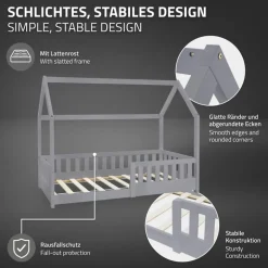 Kinderbett Hausbett 80x160 cm Hellgrau aus Kiefernholz mit Rausfallschutz Dach und Lattenrost Holzbett ML-Design
