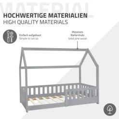 Kinderbett Hausbett 80x160 cm Hellgrau aus Kiefernholz mit Rausfallschutz Dach und Lattenrost Holzbett ML-Design