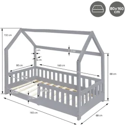 Kinderbett Hausbett 80x160 cm Hellgrau aus Kiefernholz mit Rausfallschutz Dach und Lattenrost Holzbett ML-Design