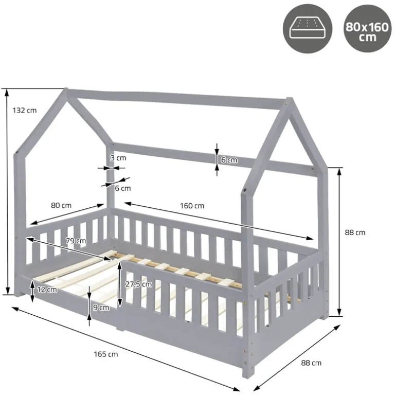 Kinderbett Hausbett 80x160 cm Hellgrau aus Kiefernholz mit Rausfallschutz Dach und Lattenrost Holzbett ML-Design