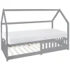 Kinderbett Hausbett 90x200 cm Hellgrau aus Kiefernholz inkl. Matratze H-16cm Rausfallschutz Dach und Lattenrost ML-Design