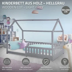 Kinderbett Hausbett 90x200 cm Hellgrau aus Kiefernholz inkl. Matratze H-16cm Rausfallschutz Dach und Lattenrost ML-Design