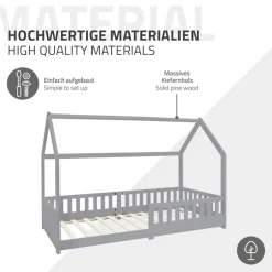 Kinderbett Hausbett 90x200 cm Hellgrau aus Kiefernholz inkl. Matratze H-16cm Rausfallschutz Dach und Lattenrost ML-Design