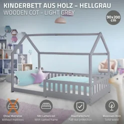 Kinderbett Hausbett 90x200 cm Hellgrau aus Kiefernholz mit Rausfallschutz Dach und Lattenrost Holzbett ML-Design