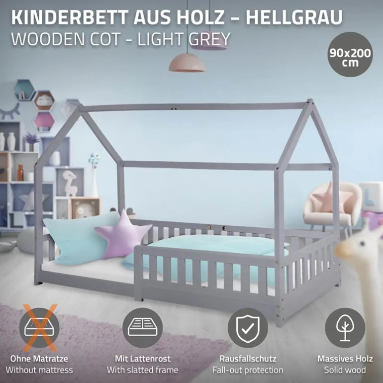 Kinderbett Hausbett 90x200 cm Hellgrau aus Kiefernholz mit Rausfallschutz Dach und Lattenrost Holzbett ML-Design