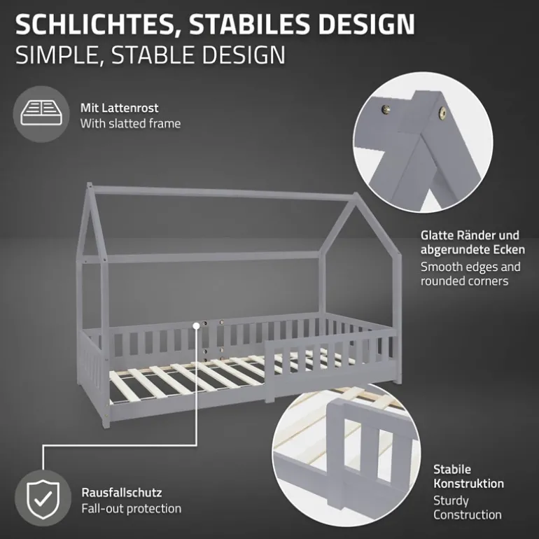 Kinderbett Hausbett 90x200 cm Hellgrau aus Kiefernholz mit Rausfallschutz Dach und Lattenrost Holzbett ML-Design