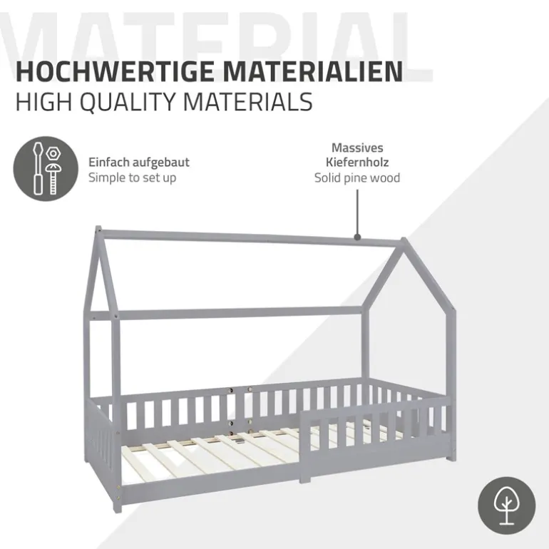 Kinderbett Hausbett 90x200 cm Hellgrau aus Kiefernholz mit Rausfallschutz Dach und Lattenrost Holzbett ML-Design