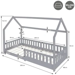 Kinderbett Hausbett 90x200 cm Hellgrau aus Kiefernholz mit Rausfallschutz Dach und Lattenrost Holzbett ML-Design