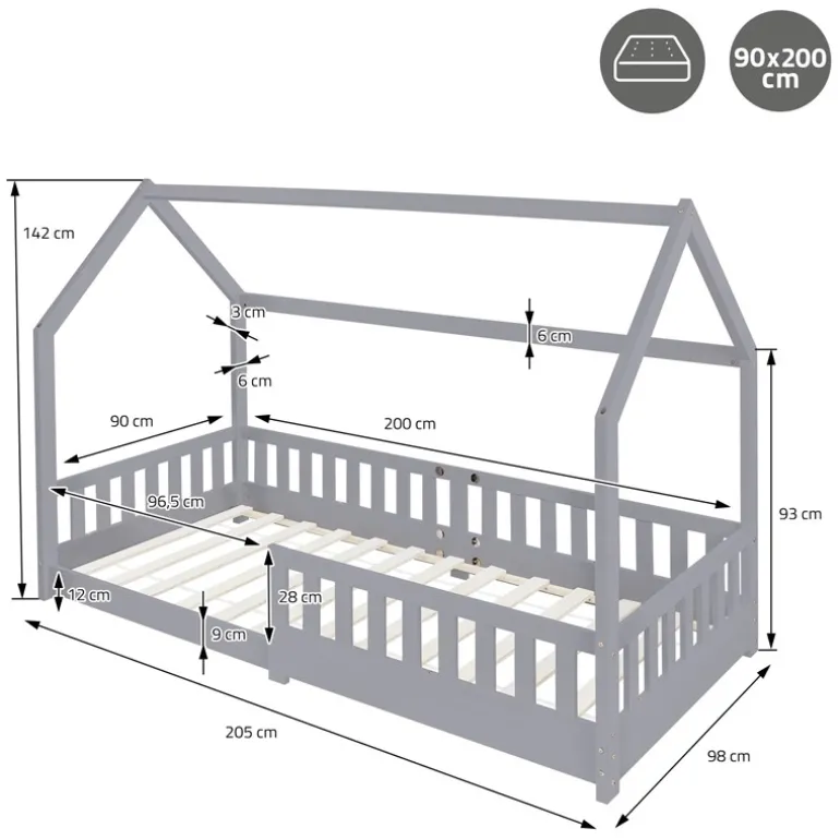 Kinderbett Hausbett 90x200 cm Hellgrau aus Kiefernholz mit Rausfallschutz Dach und Lattenrost Holzbett ML-Design