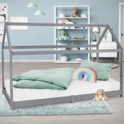Kinderbett Hausbett 90x200 cm Hellgrau aus Kiefernholz Holzbett mit Dach und Lattenrost ML-Design