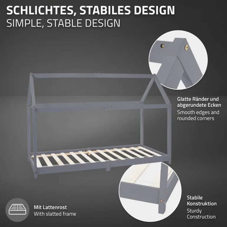 Kinderbett Hausbett 90x200 cm Hellgrau aus Kiefernholz Holzbett mit Dach und Lattenrost ML-Design