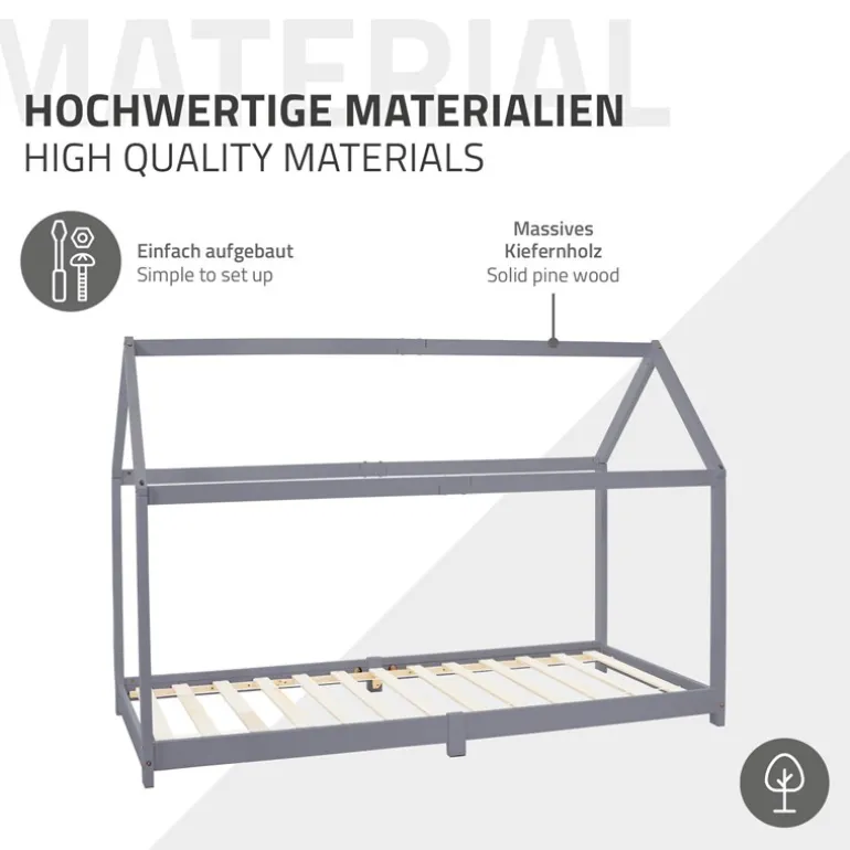 Kinderbett Hausbett 90x200 cm Hellgrau aus Kiefernholz Holzbett mit Dach und Lattenrost ML-Design