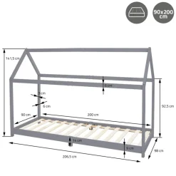 Kinderbett Hausbett 90x200 cm Hellgrau aus Kiefernholz Holzbett mit Dach und Lattenrost ML-Design