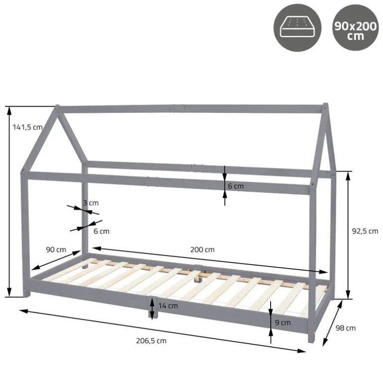 Kinderbett Hausbett 90x200 cm Hellgrau aus Kiefernholz Holzbett mit Dach und Lattenrost ML-Design