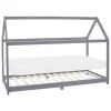 Kinderbett Hausbett 90x200 cm Hellgrau aus Kiefernholz inkl. Matratze H-10cm Holzbett mit Dach und Lattenrost ML-Design