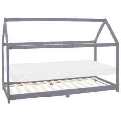 Kinderbett Hausbett 90x200 cm Hellgrau aus Kiefernholz inkl. Matratze H-10cm Holzbett mit Dach und Lattenrost ML-Design
