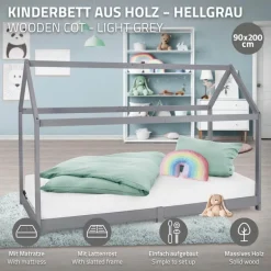 Kinderbett Hausbett 90x200 cm Hellgrau aus Kiefernholz inkl. Matratze H-10cm Holzbett mit Dach und Lattenrost ML-Design