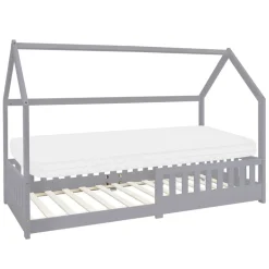 Kinderbett Hausbett 90x200 cm Hellgrau aus Kiefernholz inkl. Matratze H-10cm Rausfallschutz Dach und Lattenrost ML-Design
