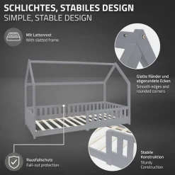 Kinderbett Hausbett 90x200 cm Hellgrau aus Kiefernholz inkl. Matratze H-10cm Rausfallschutz Dach und Lattenrost ML-Design