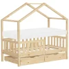 Kinderbett Hausbett 70x140 cm Natur aus Kiefernholz mit Matratze H:10cm, 2 Schubkasten, Rausfallschutz & Lattenrost ML-Design