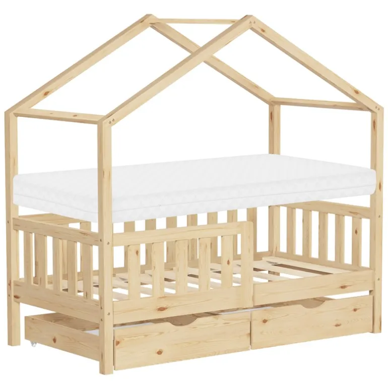 Kinderbett Hausbett 70x140 cm Natur aus Kiefernholz mit Matratze H:10cm, 2 Schubkasten, Rausfallschutz & Lattenrost ML-Design