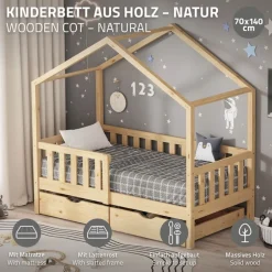Kinderbett Hausbett 70x140 cm Natur aus Kiefernholz mit Matratze H:10cm, 2 Schubkasten, Rausfallschutz & Lattenrost ML-Design